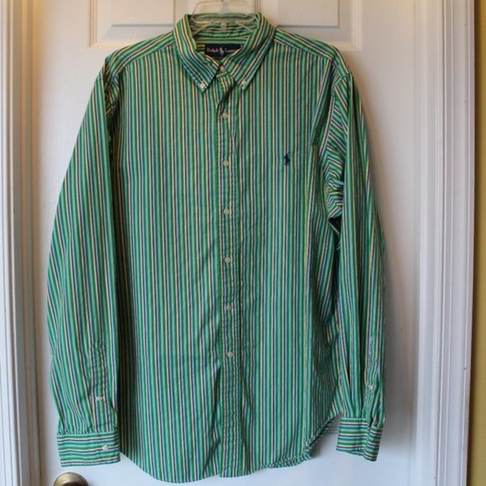 Ralph Lauren Classic Fit Green Multi Colored Stripe LS Shirt Size XL